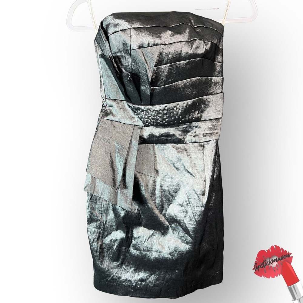 Jessica McClintock Mini Dress 6 Silver Gunmetal Metallic Rhinestones Party Y2K